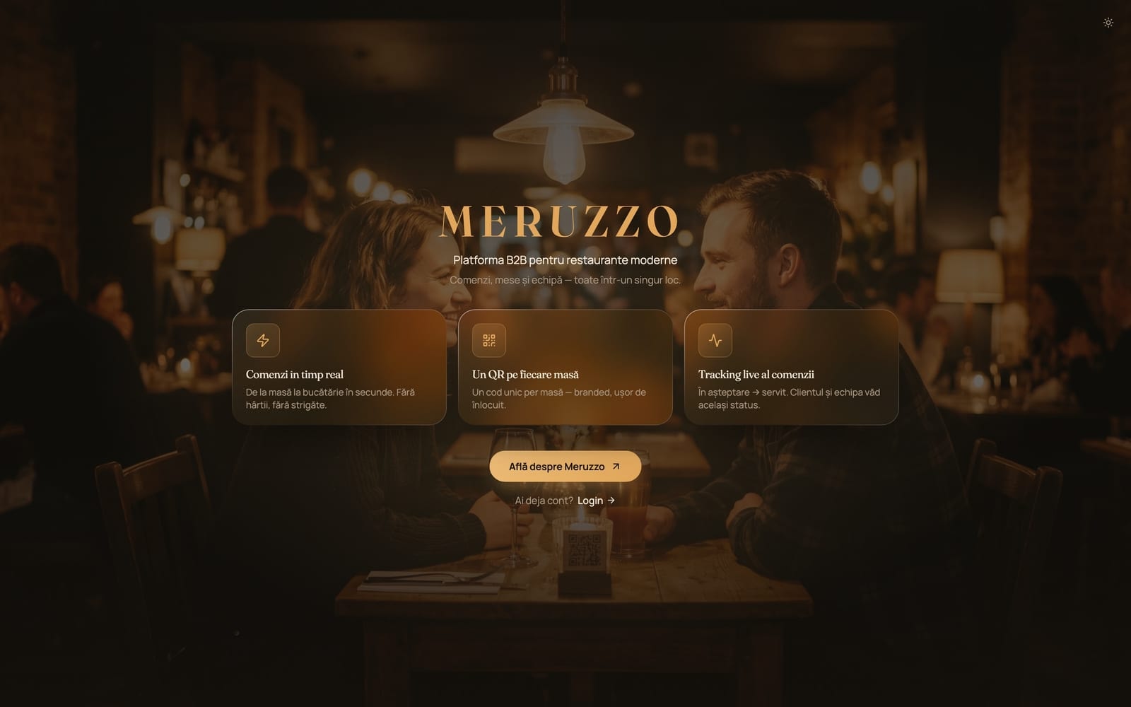 Pagina de intrare Meruzzo: meniul restaurantului pe telefon, cu butonul de comandă de la masă
