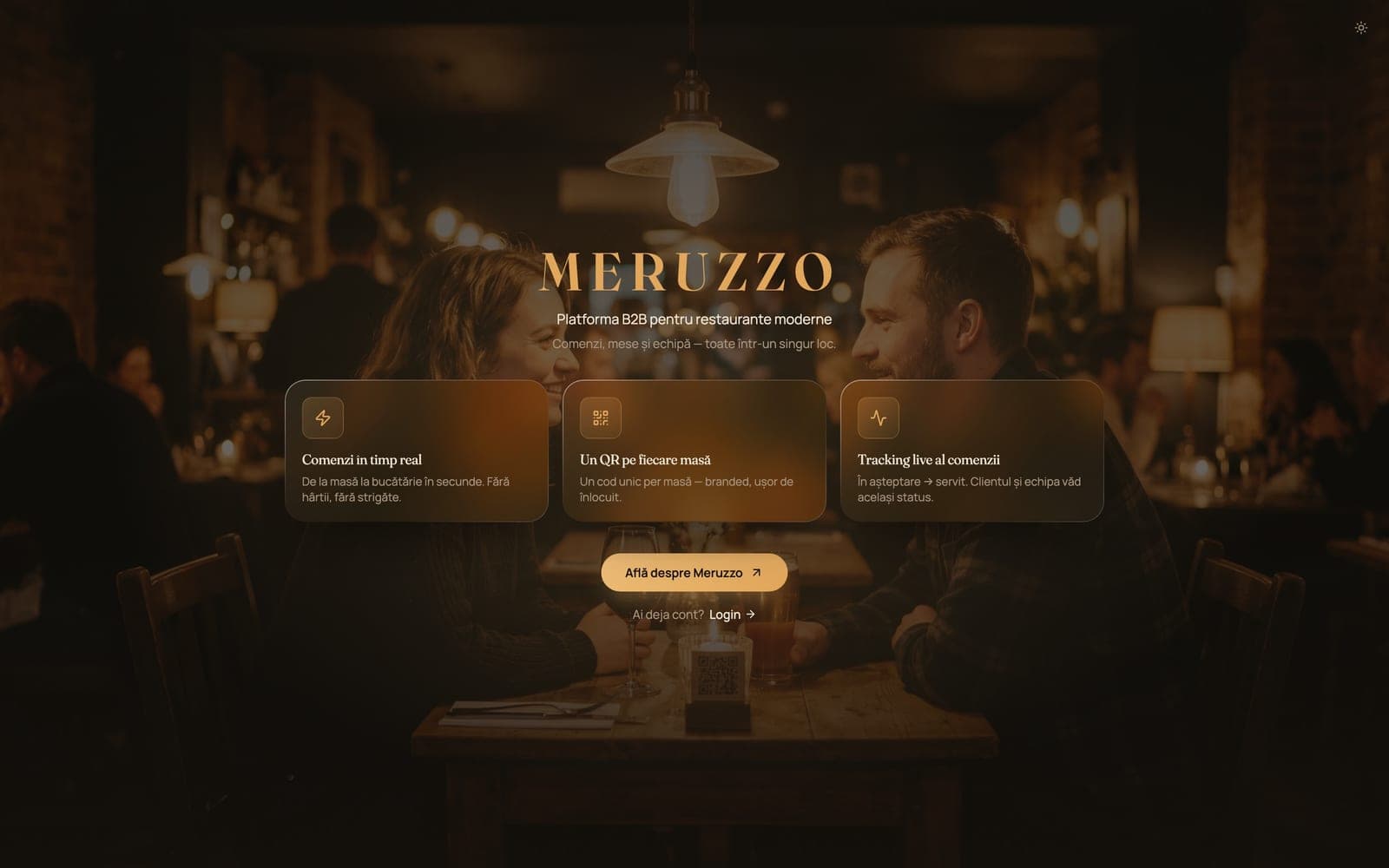 Pagina de intrare Meruzzo: meniul restaurantului pe telefon, cu butonul de comandă de la masă